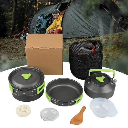 9 Stück Outdoor Camping Kochgeschirr Picknick Kochset mit Kochtopf Bratpfanne Wasserkocher Plastiks