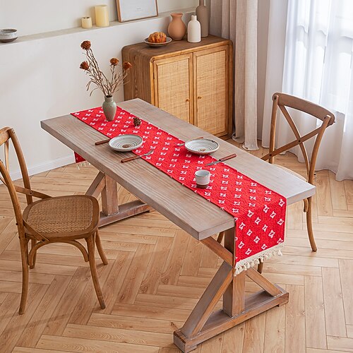 Tischläufer mit Quasten, Frühlingsstern-Applikation, Vintage-Stil, französisches Landhaus, doppellagiges Polyester Image