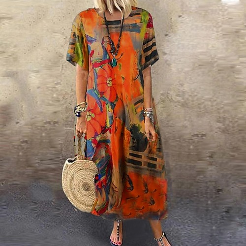 Per donna Abito a T shirt Vestito a trapezio Abito arancione bruciato Abito lungo Abito lungo Arancione Verde Manica corta Stampa Stampa Primavera Estate Girocollo Vintage Giornaliero Da mare 2023 M