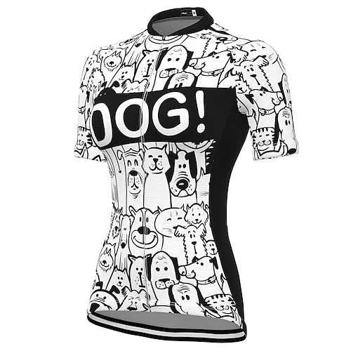 Damen Radtrikot Grafik Hund Gemustert Kurzarm Fahhrad Trikot Oberteil mit 3 Gesäßtaschen Mountainbike MTB Straßenradsport Schnelltrocknend Weich Reflektierende Streifen Rückentasche Sport Weiß Image