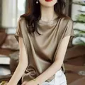 Finta seta sottile manica corta Top coreano Slip donna t-Shirt vestiti estivi elegante nero marrone