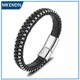 MKENDN New Arrival Punk Men Jewelry Black Braided Leather Bracelet Stainless Steel Magnetic Clasp