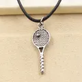 New Fashion Tibetan Silver Color Pendant Tennis Racket Necklace Choker Charm Black Leather Cord