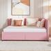 Pink Upholstered Daybed Full Size Sofa Bed Frame Slats & Center Legs Support with 2 Wheels Drawers, Linen Upholstered Daybed