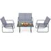 4 Pieces of Metal Patio Furniture Chat Set with Tempered Glass Coffee Table