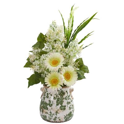 21" Gerber Daisy, Lilac and Grass Artificial Arrangement in Floral Vase