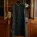Robe mi-longue plissée à manches volantées pour femme robe imprimée décalcomanie noire jupe pull