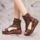 Bottes en cuir PU vintage pour femmes sandales d'été à talons mi-hauts chaussures compensées