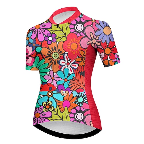 Damen Radtrikot Grafik Blume Kurzarm Fahhrad Trikot Oberteil mit 3 Gesäßtaschen Mountainbike MTB Straßenradsport Schnelltrocknend Reflektierende Streifen Rückentasche Feuchtigkeitsableitend Sport Rot Image