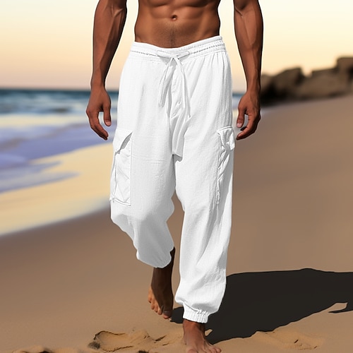 Herren Cargohose Cargohosen Jogginghose Jogger Leinenhose Hose Hosen Sommerhosen Kordelzug Elastische Taille Multi Pocket Glatt Komfort Atmungsaktiv Casual Täglich Festtage Modisch Klassicher Stil Image