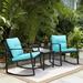 3 Pieces Rocking Wicker Bistro Set Patio Outdoor Conversation Sets with Porch Chairs and Glass Coffee Table Beige