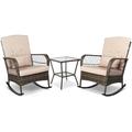 xrboomlife 3 Pieces Patio Conversation Set w/ 2 Rattan Wicker Rocking Chairs and Glass Table for Garden Backyard Lown Porch (Beige)