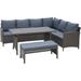 4 Pieces Patio Wicker Dining Sets Outdoor PE Rattan Sectional Conversation Set with Cushions & Dining Table Bench for Garden Backyard Lawn Navy Blue