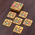 Blooming Evening,'Set of 6 Floral Yellow Wood and Papier Mache Coasters'