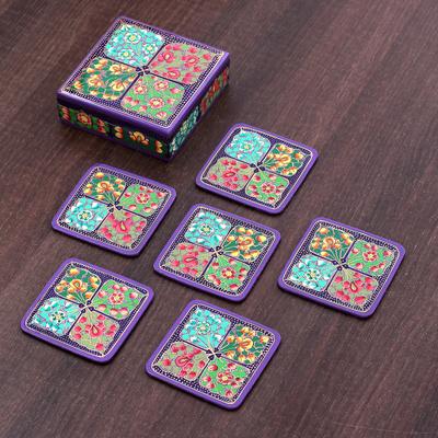 Enchanted Elixir,'Set of 6 Floral Painted Purple Papier Mache Coasters'