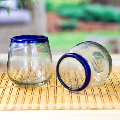 Cobalt Day,'Cobalt Blue and Clear Handblown Stemless Wine Glasses (Pair)'