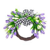 Harpi Spring Wreaths for Front Door Summer Clearance Artificial Tulip Flower Wreaths with Plaid Bows Faux Silk Flower Wreath with Purple Tulip and Leaves for Window Wall Home Decor