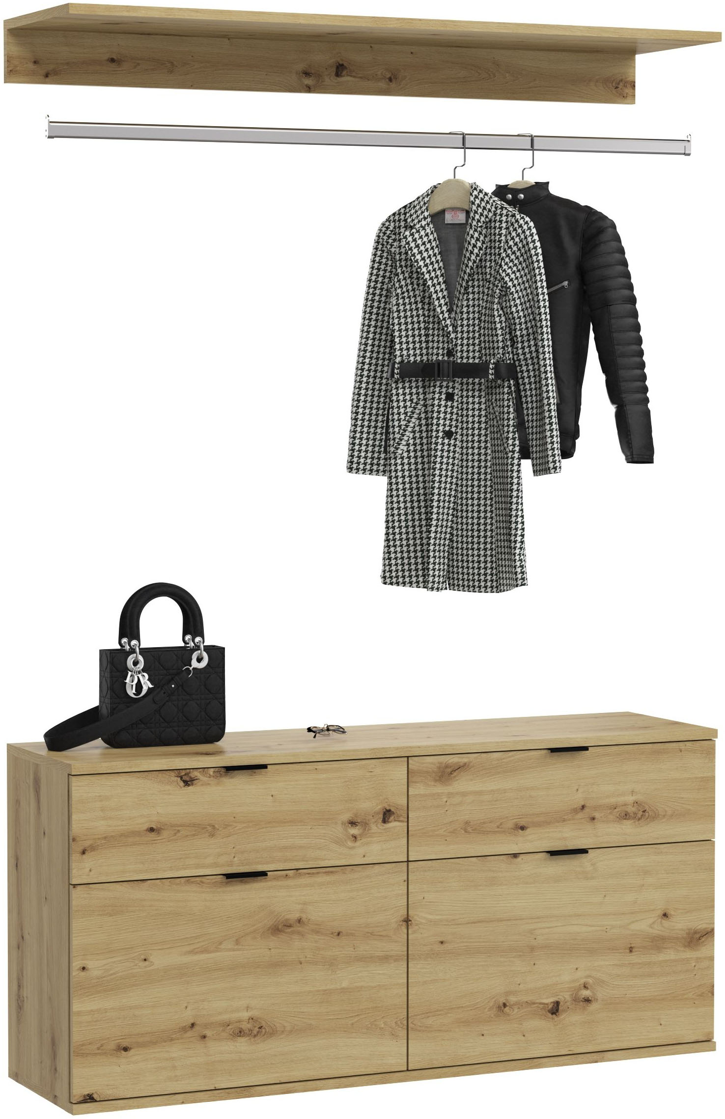 Garderoben-Set HOME AFFAIRE "Trondheim, Breite 121 cm, best. aus Kommode, Garderobenstange & Ablage", braun (artisan eiche nb, artisan eiche nb), B:121cm H:62cm T:34cm, Kastenmöbel-Sets, Zwischenbauelement für Hochschränke der Serie Trondheim Image