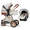 3 in 1 Baby Travel System Infant Baby Stroller Pushchair High Landscape Reversible Foldable Portable Stroller Newborn Pram Reclining Baby Carriage (Off White)