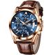 OLEVS Watches for Men Brown Leather Gold Case Analog Quartz Fashion Business Dress Watch Day Date Luminous Waterproof Casual Male Wrist Watches, rose gold blue 2878, men watch