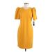 Sharagano Casual Dress - Sheath Crew Neck Short sleeves: Yellow Solid Dresses - New - Women's Size 4