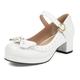 Lizoleor Women Block Heel Platform Mary Jane Patent Pumps Bow Lovely Round Toe Summer Party Wedding Girls Shoes White Size 9.5 UK/46