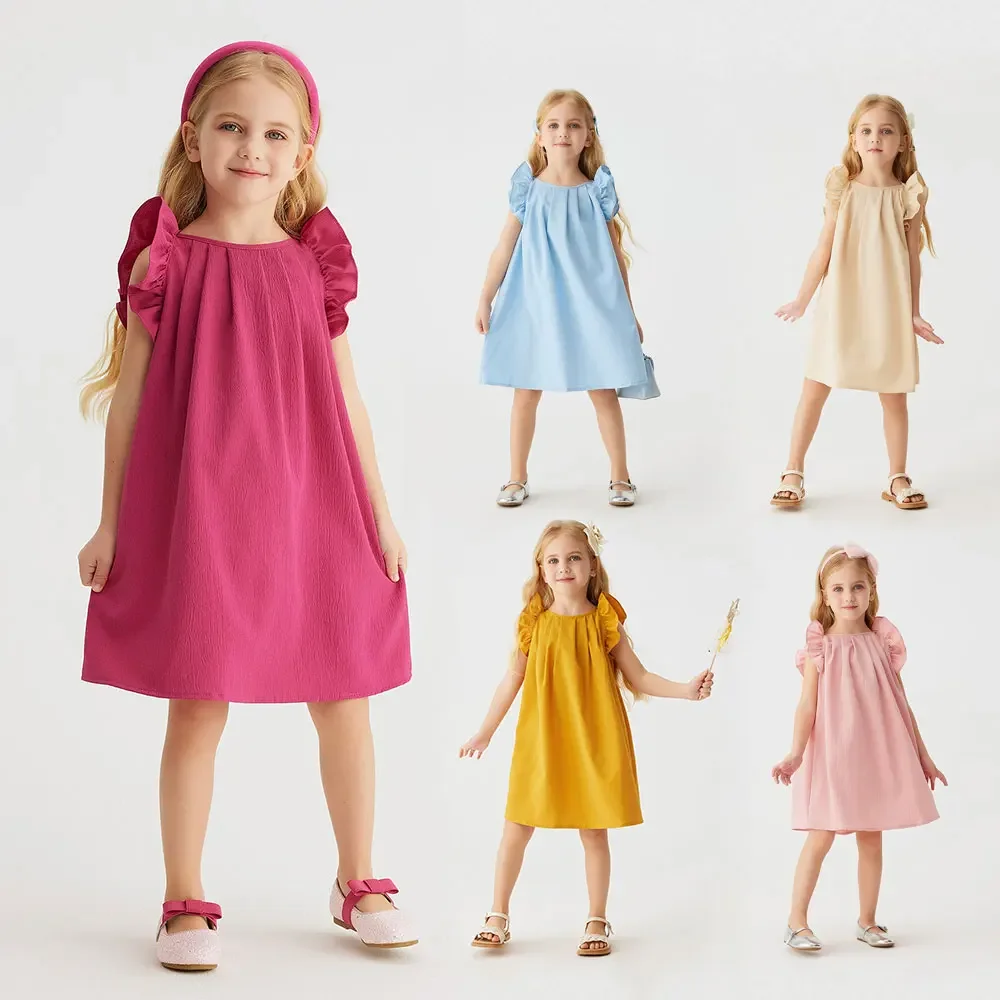 Großhandel Baby Mädchen Schlüssel loch Rüschen Trim Kleid Plissee Kleid lässig einfarbig Kinder Sommerkleid ung billig Direkt vertrieb Image