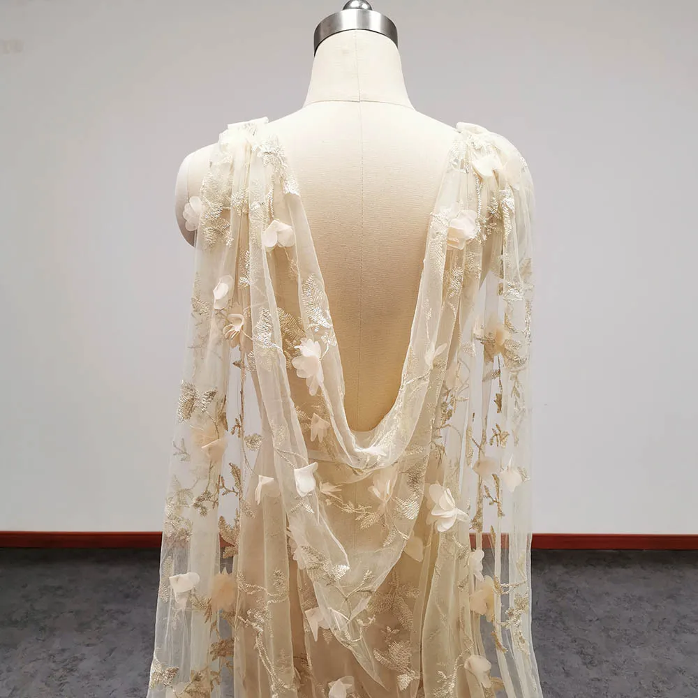 Maßgeschneiderter Champagner-Schulterschleier mit 3D-Blumen-Spitze, 1,5 m/2 m/2,5 m/3 m, Hochzeitsumhang, Brautbolero mit Hochzeitszubehör