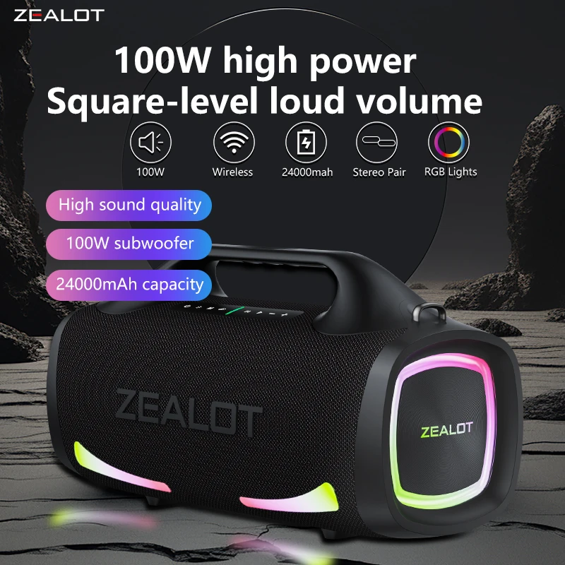 Haut-parleur sans fil Zealot S79 100W, haut-parleur de caisson de basses portable extérieur, qualité sonore Hifi, double appairage, charge rapide, 24000mAh.