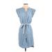 BCBGMAXAZRIA Casual Dress - Shirtdress V Neck Sleeveless: Blue Print Dresses - Women's Size X-Small