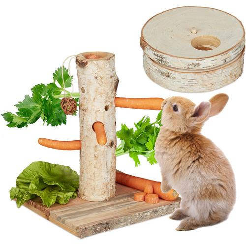 Kaninchen Spielzeug, 2tlg. Set, Futterbaum & Intelligenzspielzeug, Holz, Zubehör Meerschweinchen,
