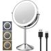 Benbilry 8 Lighted Makeup Vanity Mirror 3 Color Lights & Brightness Adjustment 1X/10X Magnifying Rechargeable Double Sided Cosmetic Mirror 360Â° Swivel Light Up Cordless Standing Mirror Silver