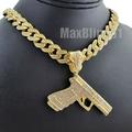 Large Hand Gun Pendant & 12mm 16 18 20 24 Iced Cuban Box Lock Chain Necklace