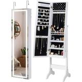 1 Mirror Jewelry Cabinet with Lights Full Length Mirror with Storage Organizer Lockable Jewelry Armoire Makeup Mirror Freestanding/Wall Mount/Over the Door White