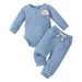 NIUREDLTD Toddler Boys Romper Outfits Newborn Infant Girls Boys Long Sleeve Ribbed Romper Bodysuits Solid Prints Pants Outfits Fall Winter Set Blue 100