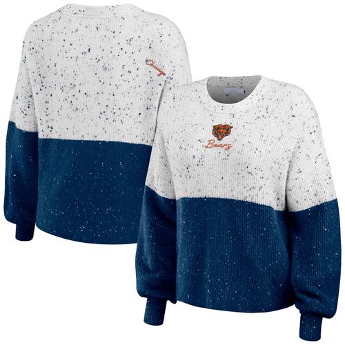 Damenbekleidung von Erin Andrews Weiß/Marineblauer Chicago Bears-Pullover, leicht, bescheiden, kurz geschnitten, Farbblock-Pullover