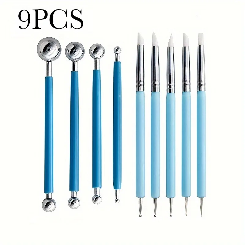 9 pièces pièces d'outils de poterie outils de stylet 2 voies Total 10 différents bricolage Silicone céramique argile outil d'indentation outils de boule métallique Suppl