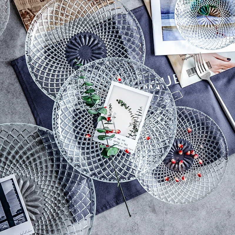 Transparent Glass Dessert Plate Set, Flower Pattern Tableware Set, Household Living Room, Western Fruit and Snacks Dish Utensils