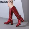 REAVE CAT Concsie Damen Kniehohe Stiefel Zehen Blockabsätze 6,5 cm Lackleder Schuhe Große Größe 47 48 Bota