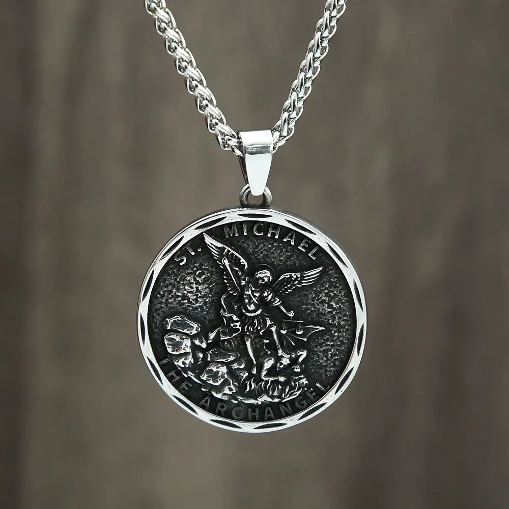 Vintage Männer Edelstahl Erzengel st. Michael Wächter Anhänger Halsketten Modeschmuck Kreativität Ketten Geschenke Großhandel