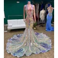 Sparkle African American Prom Dresses Mermaid Deep V-neck Sequins Black Girls Nigeria Robe De Soiree