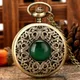 Exquisite Emerald-green Stone Bronze Case Quartz Pocket Watch Simple White Dial Chain Clock Necklace