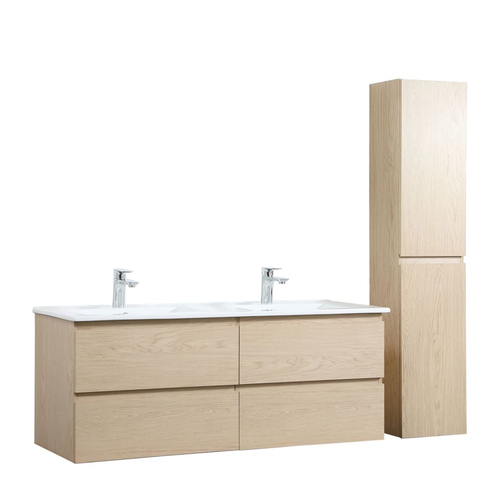 Meuble double vasque 120cm avec plan céramique Décor chêne + colonne