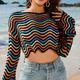 Women's Shirt Crop Top Striped Vacation Beach Print Crochet Bell Sleeve Black Long Sleeve Casual Crew Neck Spring Fall
