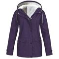 Teissuly Women Plus Velvet Solid Jackets Outdoor Hooded Raincoat Windproof