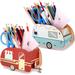 2 Packs Vintage Camper Pencil Holder - Funny Desk Organizer for Home Office and Art Studio - Retro Pen Holder with 4 Compartments - Red and Blue - MDF Material - 6.3 x 3.1 x 3.3 inches - Pack of 2 -