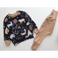 Black Baby Pullover With Forest Animals & Harem Pants Set/Minimalistic Jumper Foxes, Hedhehogs Brown Sweatpants