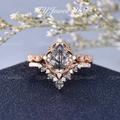 Rose Gold Black Rutilated Quartz Engagement Ring Set 2Pcs Unique Crystal Wedding Pear Shaped Antique Flower