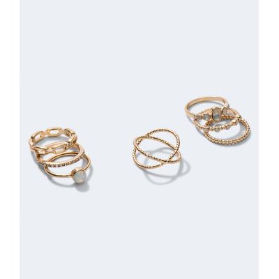 Aeropostale Womens' Milky Rhinestone Ring 7-Pack - Gold - Size M/L - Metal
