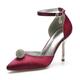 Women Pointed Toe High Heel Court Shoes Ankle Strap Rhinestone Satin Wedding Party Bridal Shoes,Burgundy,4 UK